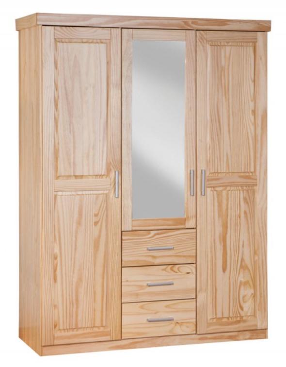 Armoire 3 portes 3 tiroirs pin massif vernis naturel Cello 140 cm