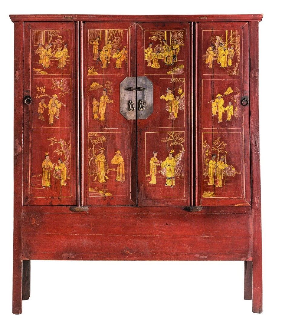 V Home Armoire chinoise bois de Cyprès rouge et doré 2 portes Shiny LesTendances.fr