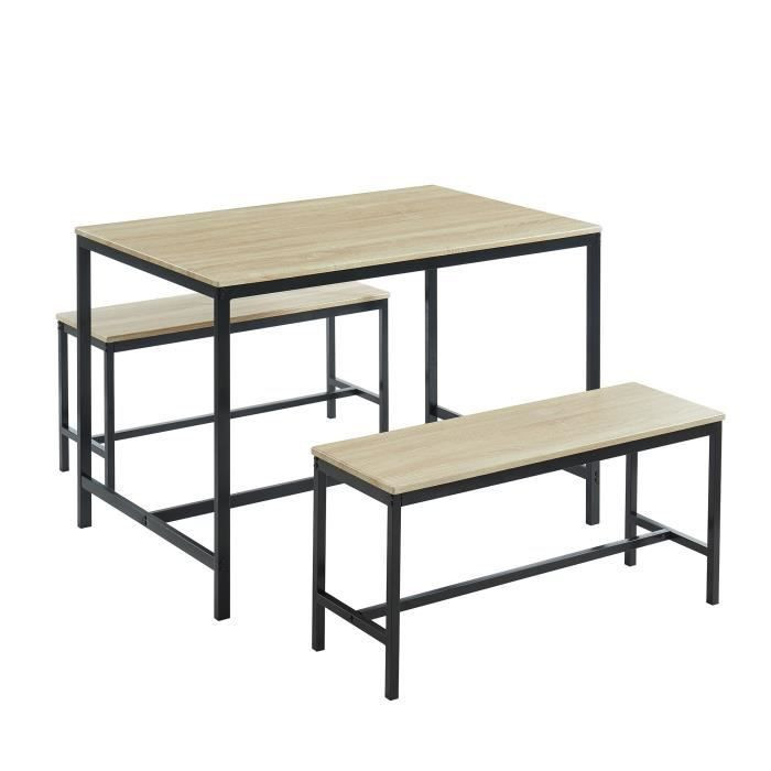 BARI Ensemble repas table + 2 bancs Décor chene et noir Style