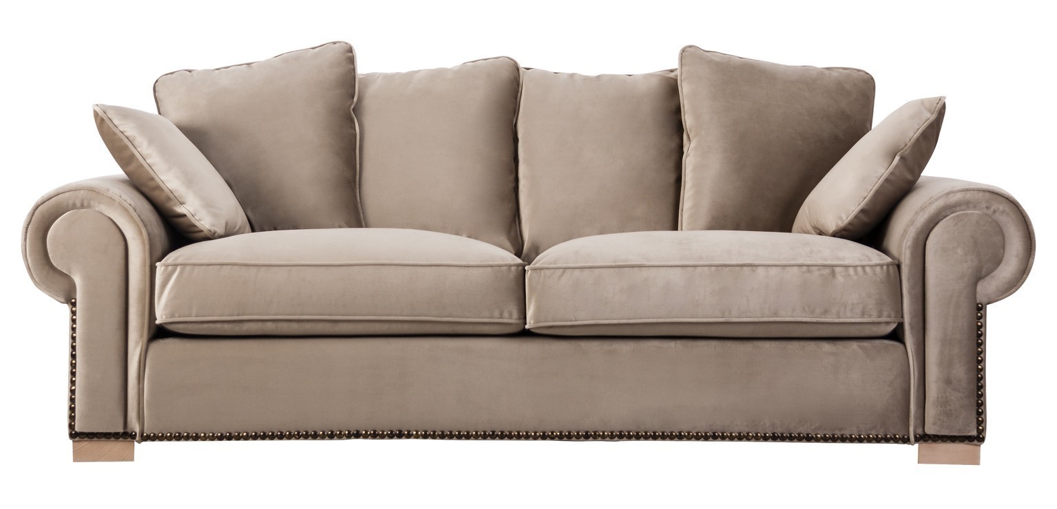 Canapé 2 places velours beige et pieds pin massif clair Kaito