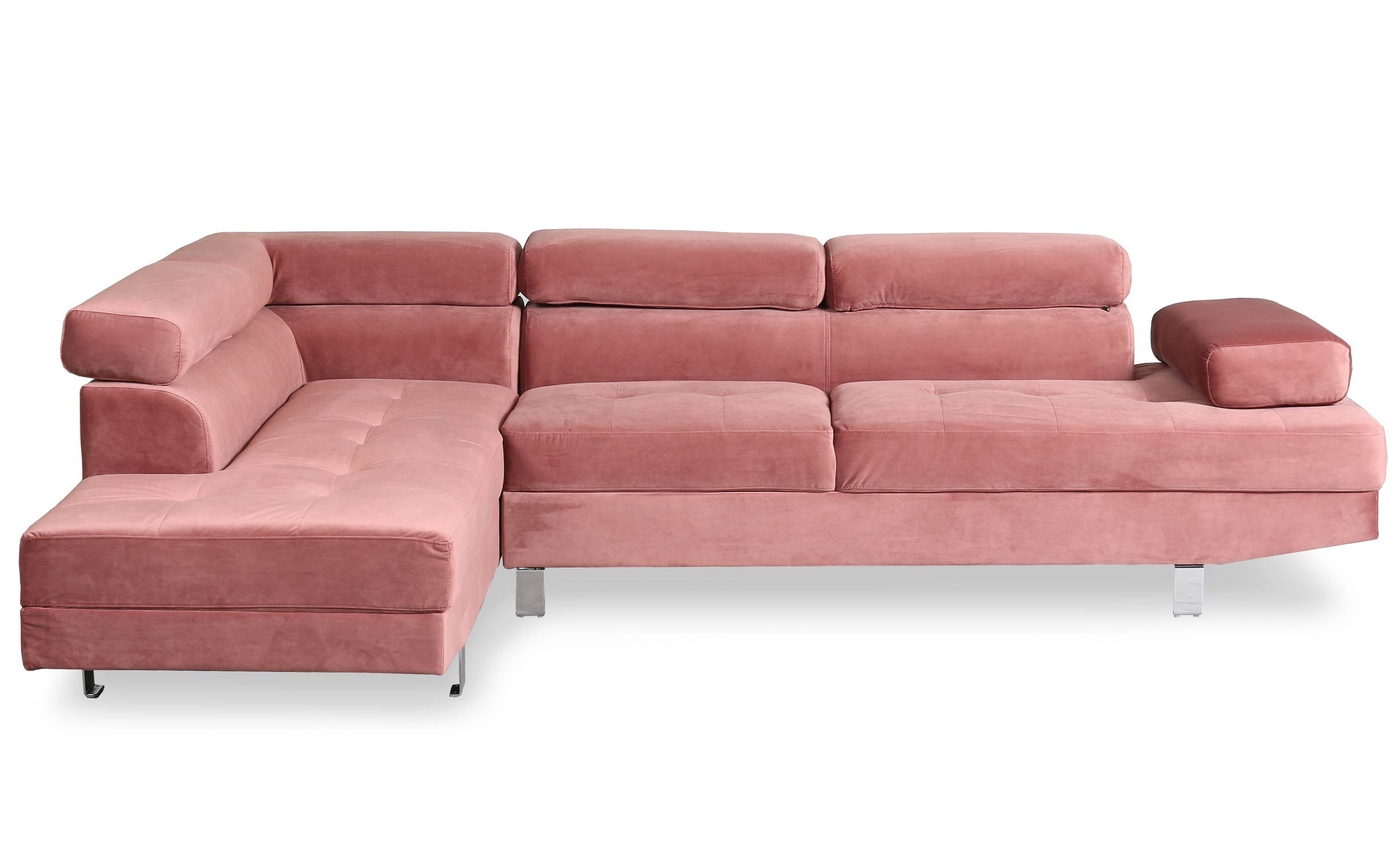 Canapé d'angle gauche avec têtières relevables velours rose Anya