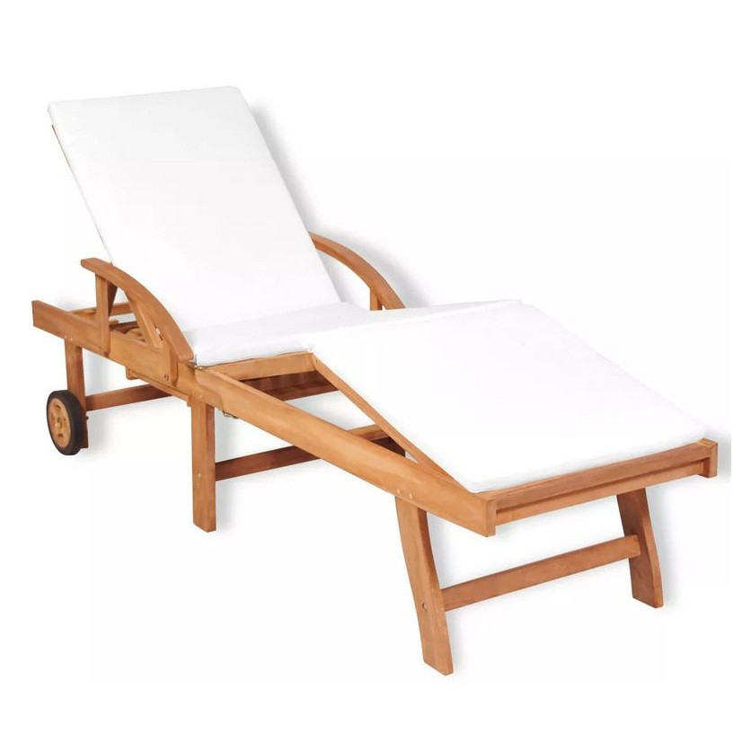 Home Chaise longue teck massif clair et tissu blanc Alida