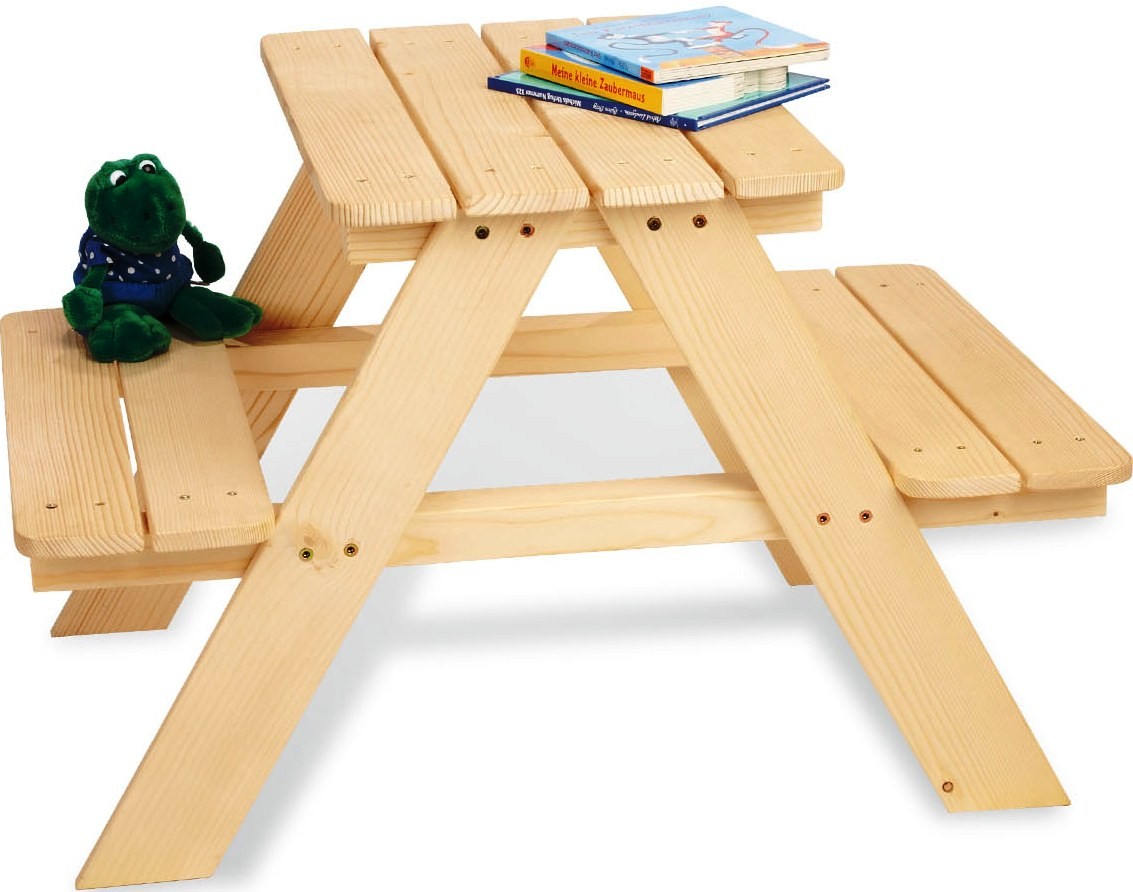 Table Et Bancs Enfants 'Nicki' En Bois Massif - Pour 4 Enfants - Avec Dossier - Naturel