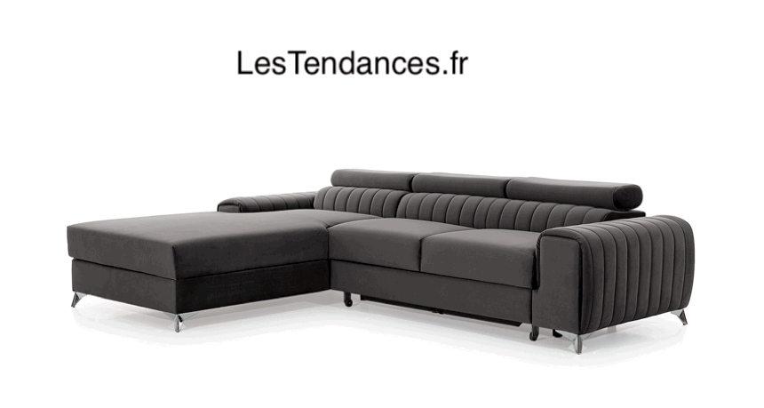 Canapé d'angle gauche convertible effet cuir appuis-tête réglables GRENKY - Coffre et pieds acier chromé