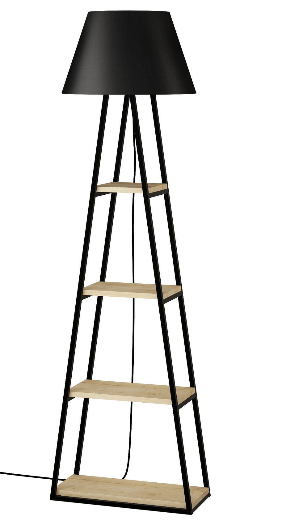 Lampadaire Industriel Avec étagères - Bois Noir Et Clair - Abat-jour Carré Blanc - Hauteur 160 Cm - Éclairage Salon