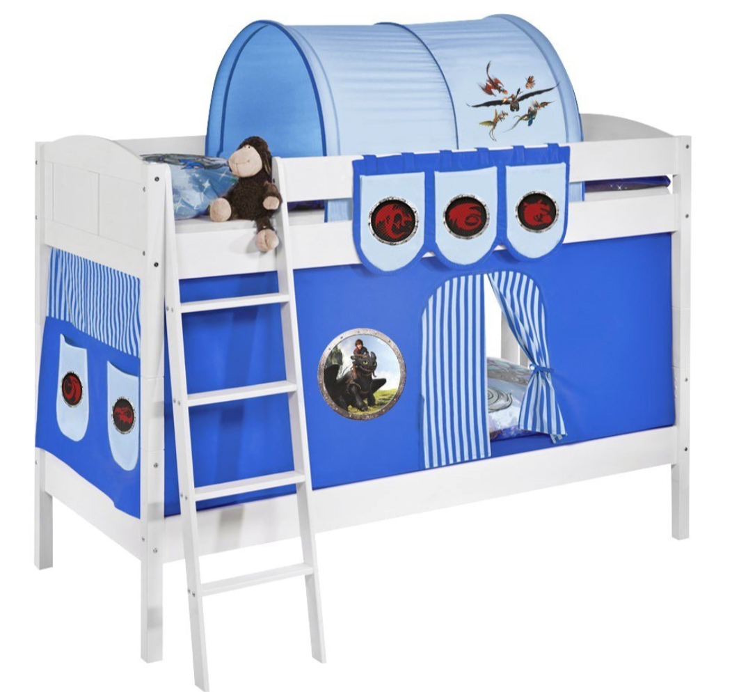 Lit superpos?� Blanc Laqu?� et rideau Dragons 90x200 cm Sans matelas, Tunnel Sans tunnel, Etag?�re 