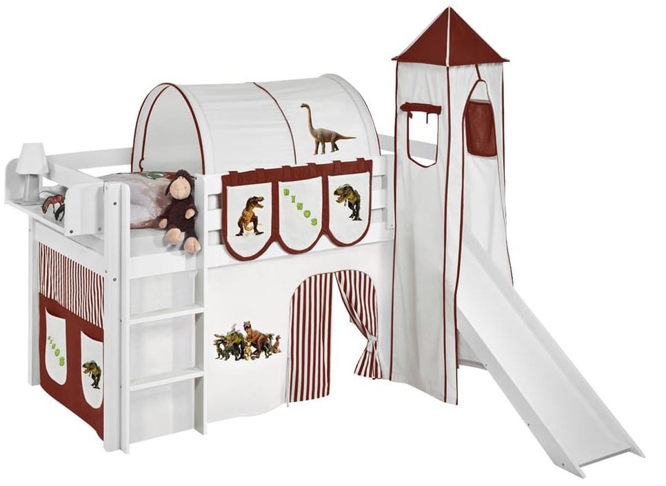 Lit surélevé toboggan blanc laqué avec tour et rideau beige et marron