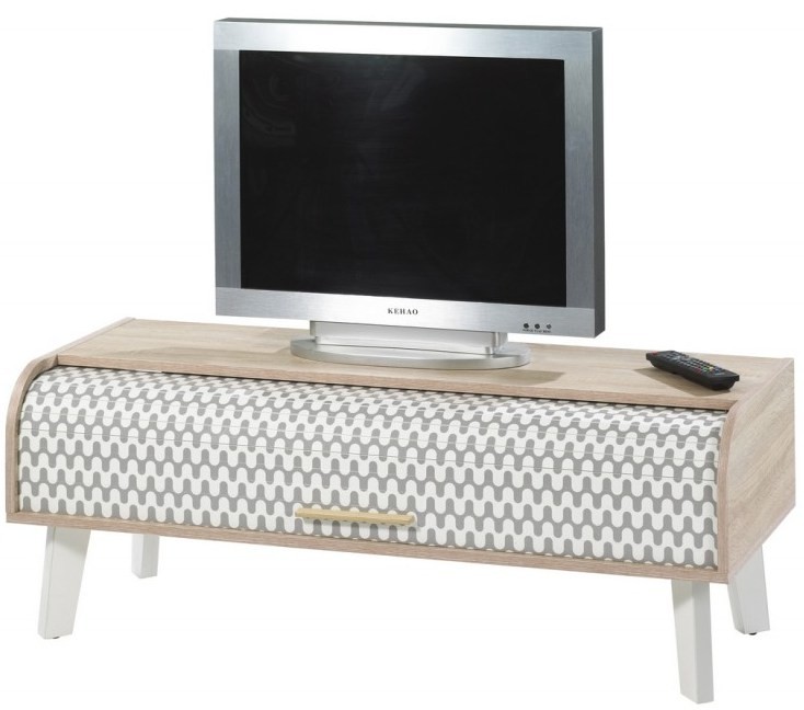 Meuble TV bois clair et rideau imprimé Hippie ...