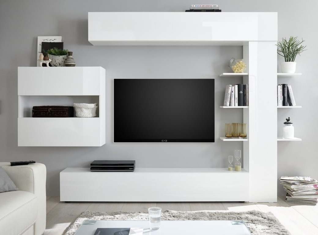 Meuble TV mural bois laqué blanc brillant Raia L 260 cm | LesTendances.fr