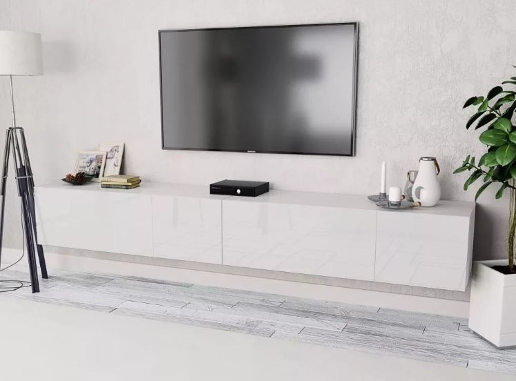 Home - Meuble TV suspendu 4 compartiments bois laqué blanc Chickie L