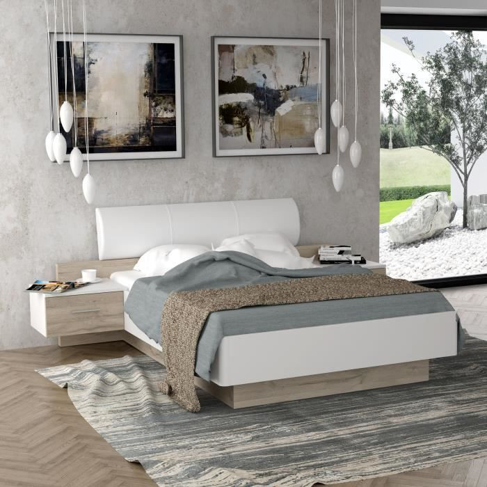 Lit Double STEFAN 140x200 Cm Avec Chevets - Chêne Sonoma Blanc | Chambre Complète Moderne