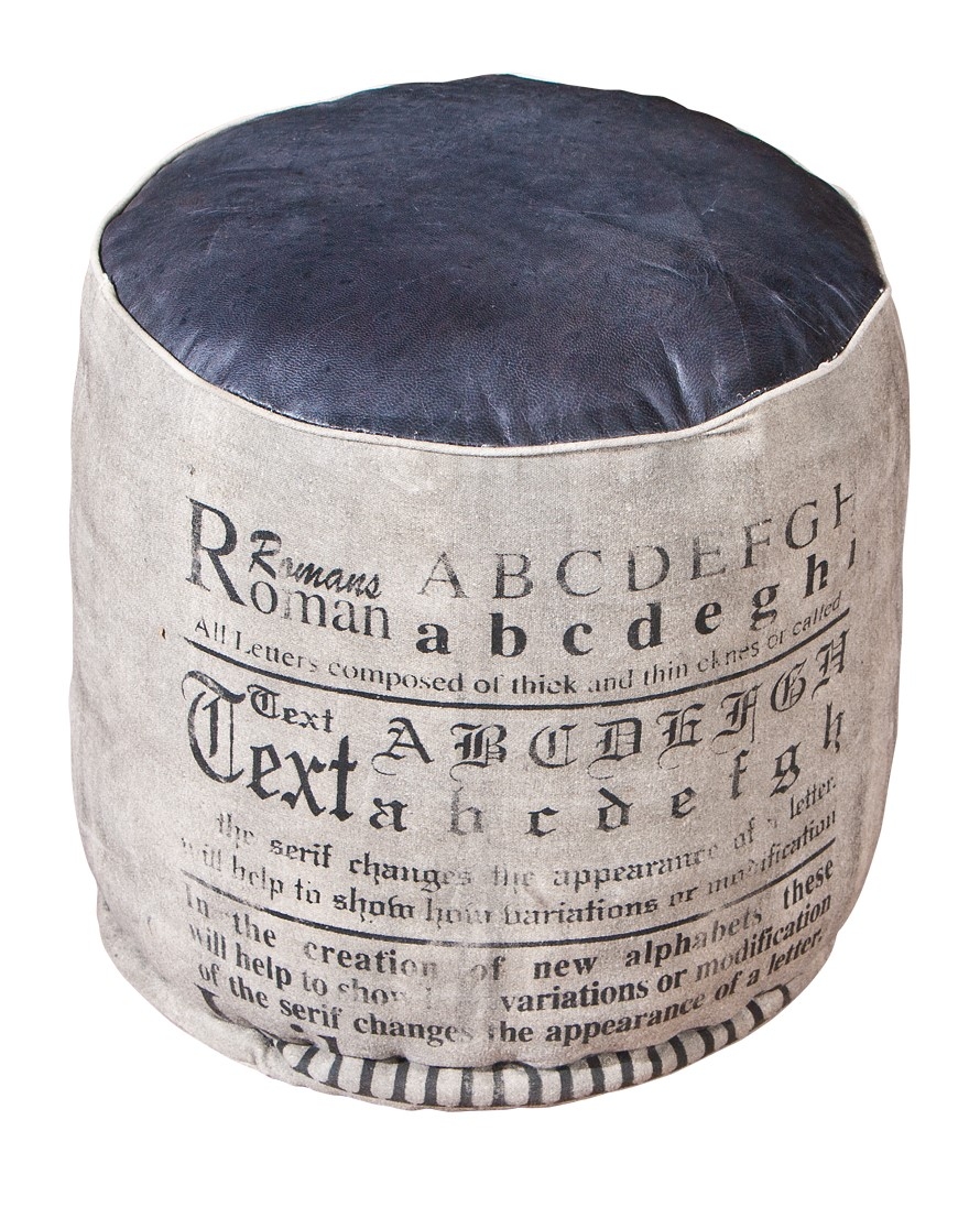 Pouf vintage toile gris imprimé et assise cuir noir Calina ...