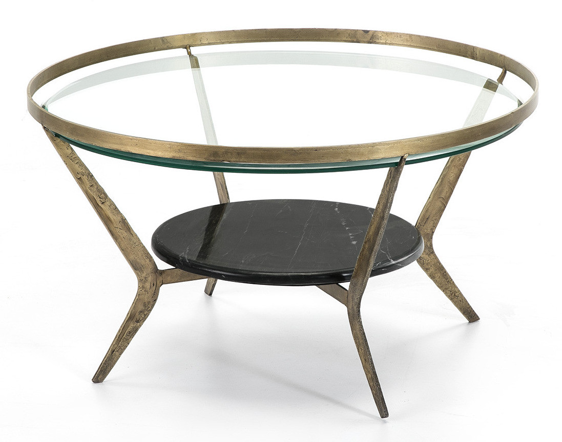 Table basse ronde 2 plateaux verre et pieds métal doré D 81 cm