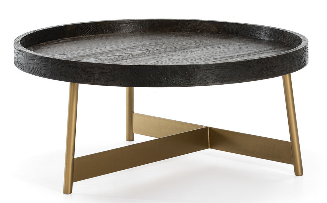 Table basse ronde bois foncé et pieds métal doré D 100 cm | LesTendances.fr