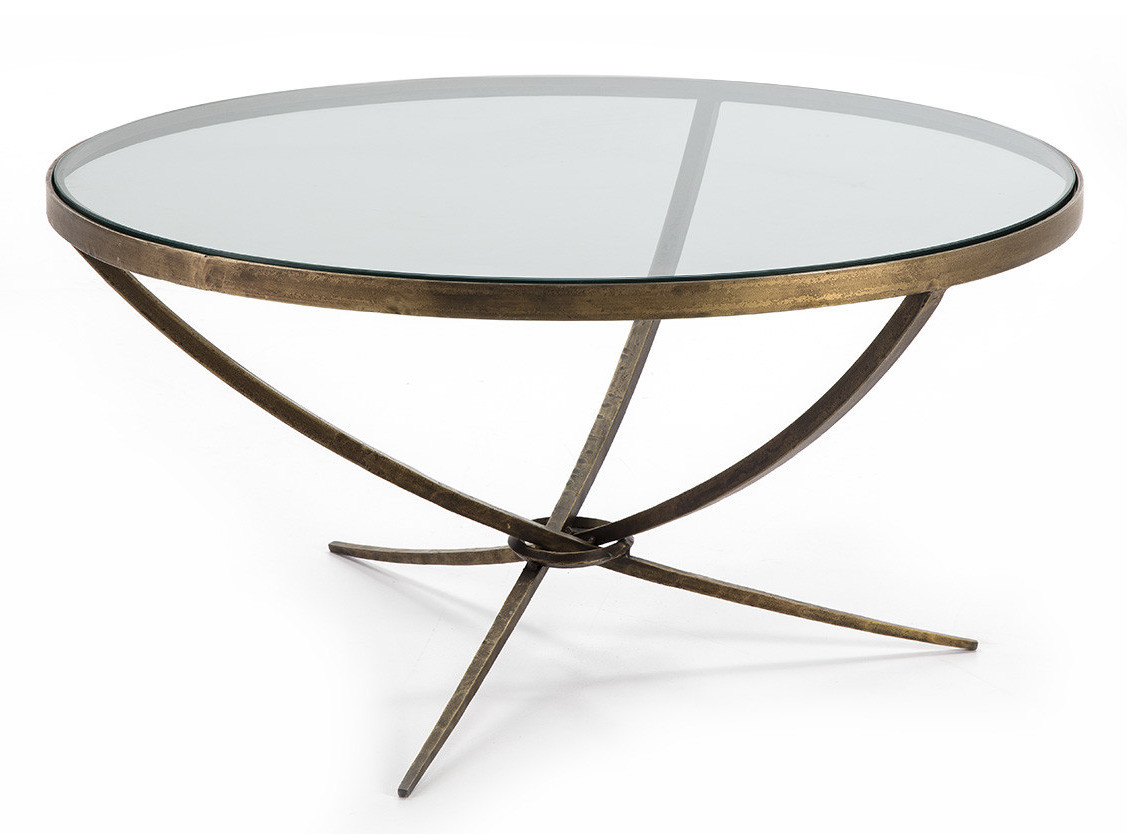 Thai Mobilier - Table basse ronde verre transparent et métal doré