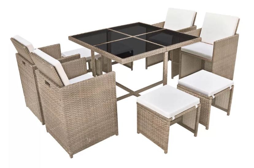 Home - Table carrée et 4 chaises de jardin résine tressée beige Iris