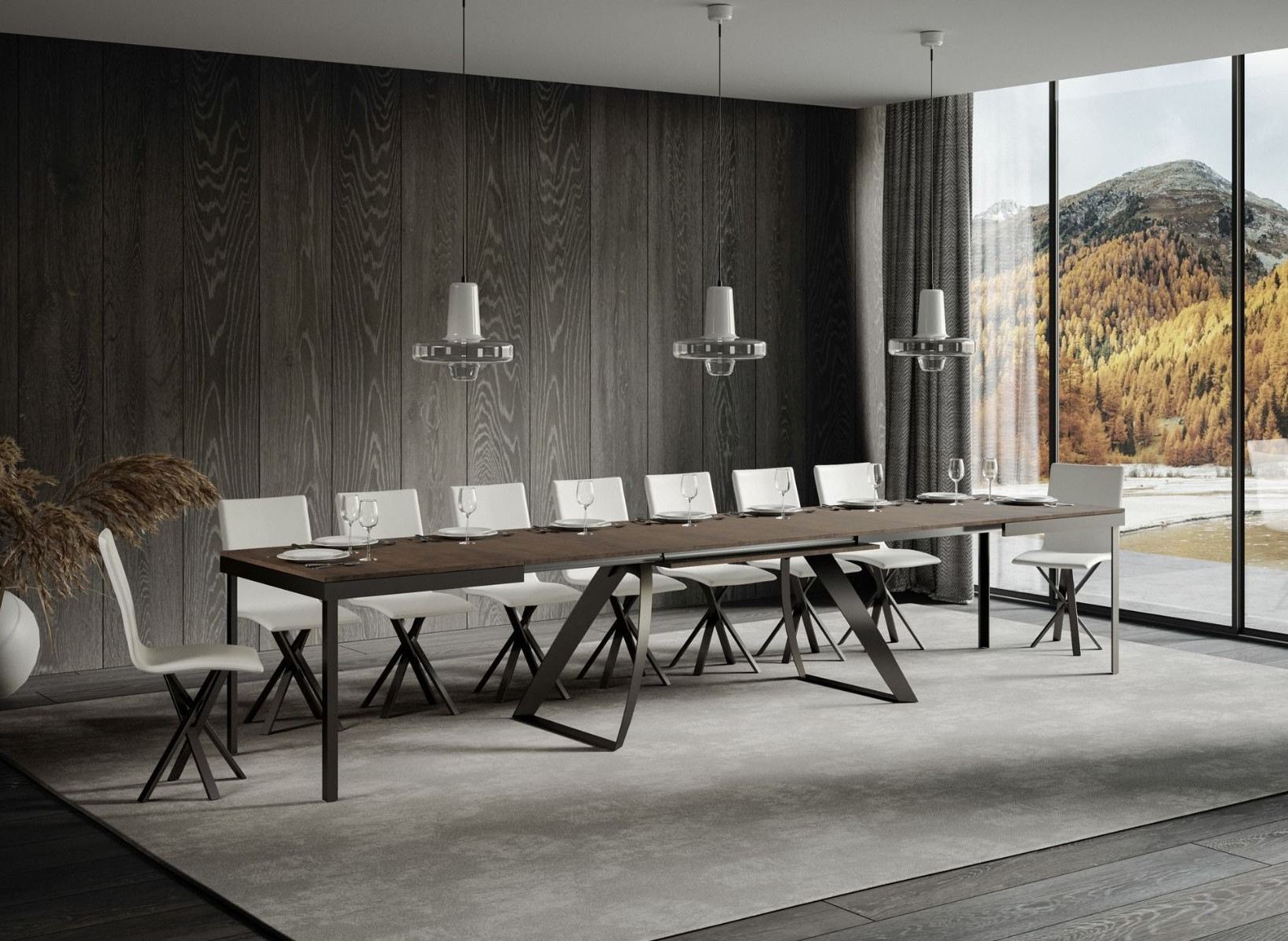 Tozani - Table extensible design 8 à 20 personnes bois noyer et pieds