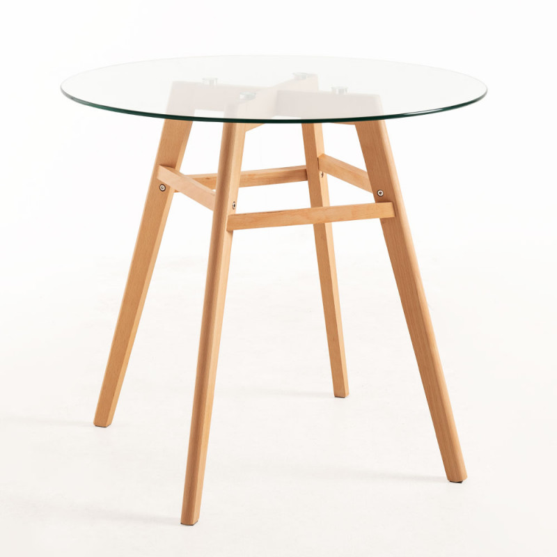 Table ronde 100 cm scandinave verre trempé et pieds bois naturel
