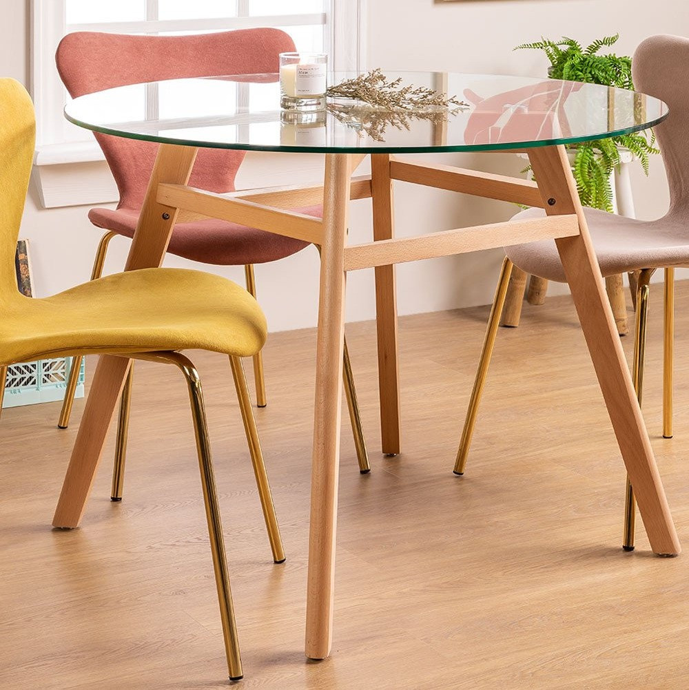 Table ronde 100 cm scandinave verre trempé et pieds bois naturel