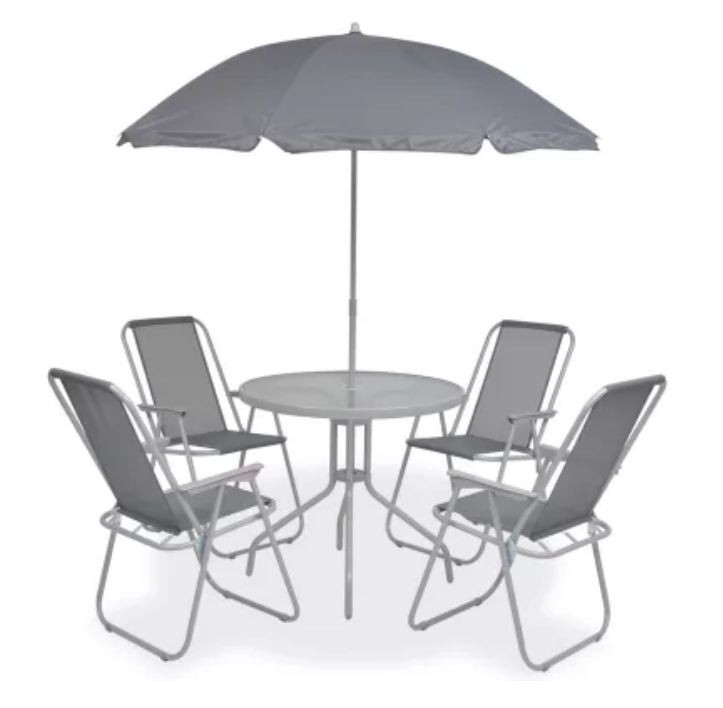Home Table ronde avec parasol et 4 chaises de jardin métal gris Castle LesTendances.fr