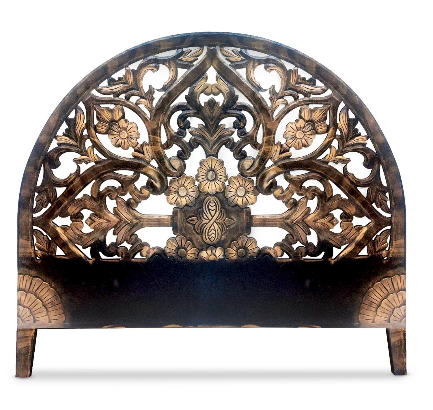 Tête de lit bois massif sculpté noir et doré Lune 160 cm LesTendances.fr